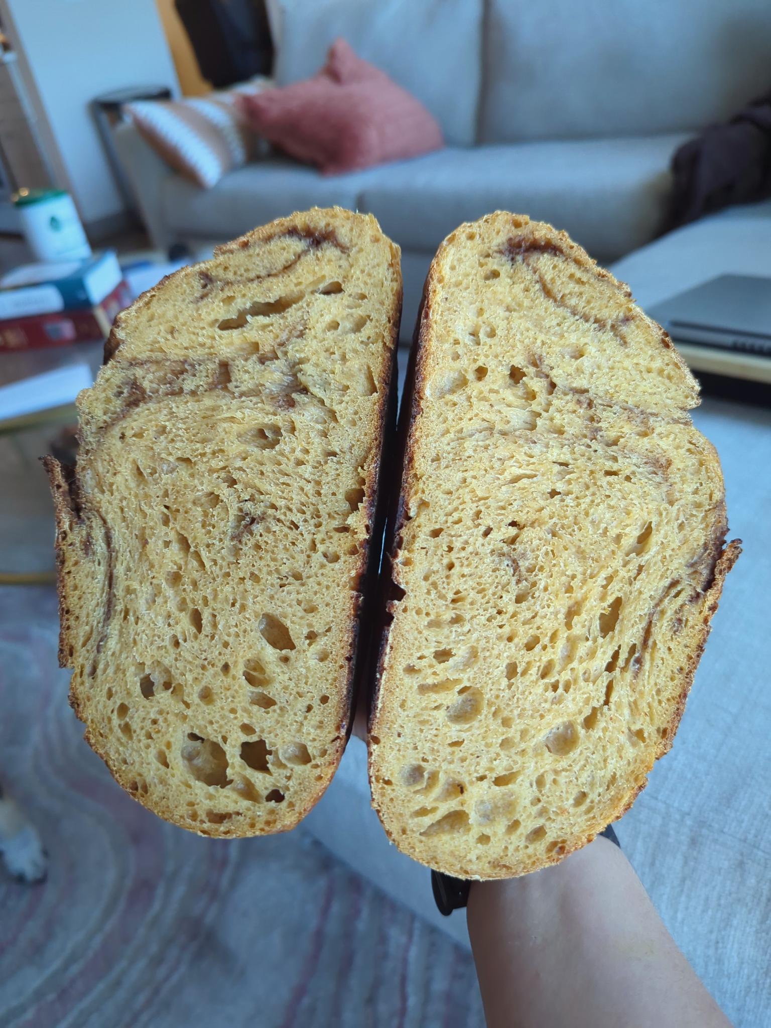 Pumpkin & cinnamon swirl sourdough bread loaf